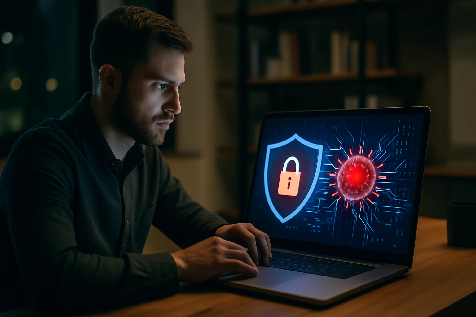 Muž pracuje na laptopu, na obrazovke je ikona zámku a vírus.