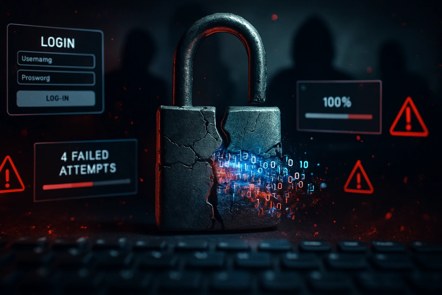 Rozpadnutý zámok s digitálnymi dátami unikajúcimi von, symbolizujúci kybernetické hrozby.