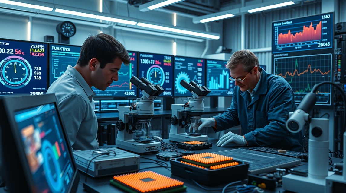 Dva vedci laboratóriu skúmajú vzorky pod mikroskopom s digitálnymi obrazovkami v pozadí.