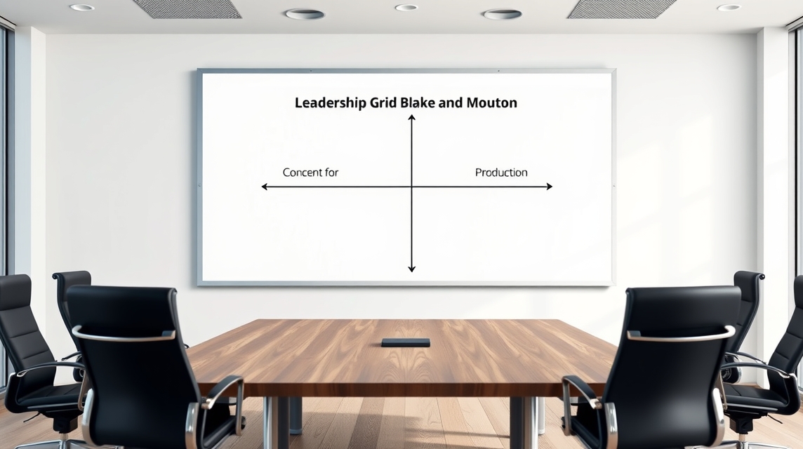 Prezentácia leadership gridu Blake a Mouton na bielej tabuli v konferenčnej miestnosti.