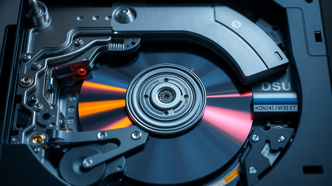 Detailný pohľad na mechanizmus optického disku s rotujúcim médiom.
