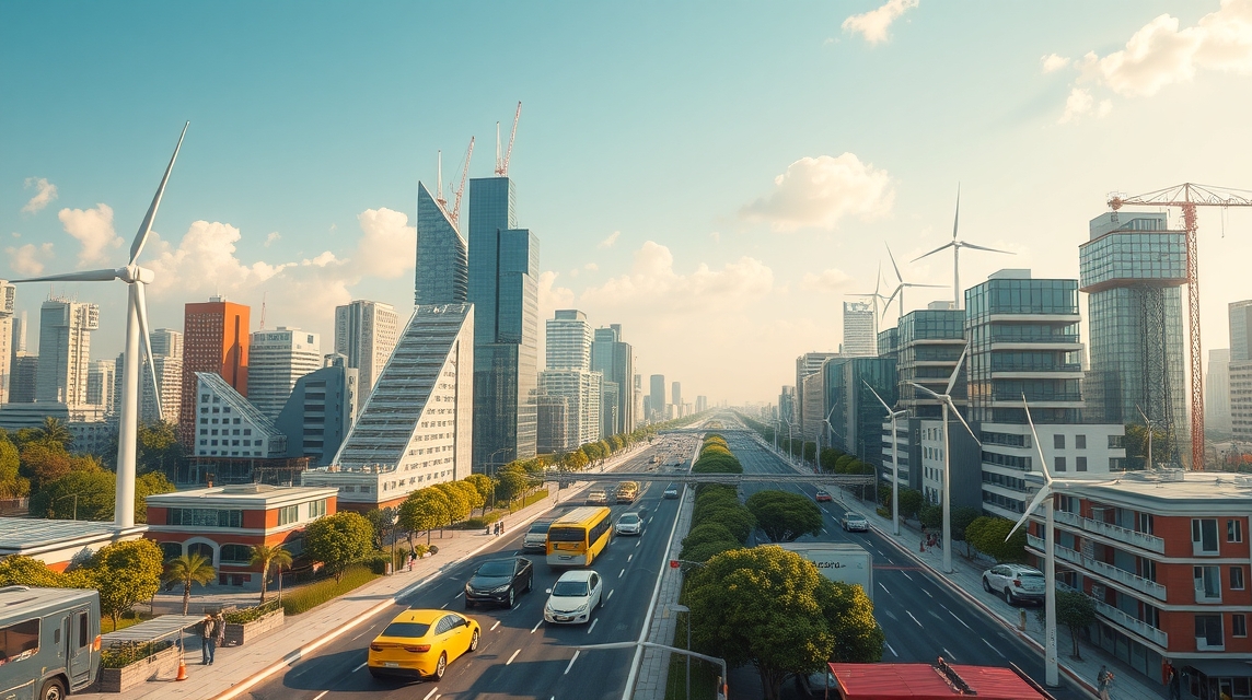 Moderné mestské prostredie s výškovými budovami a veternými turbínami.