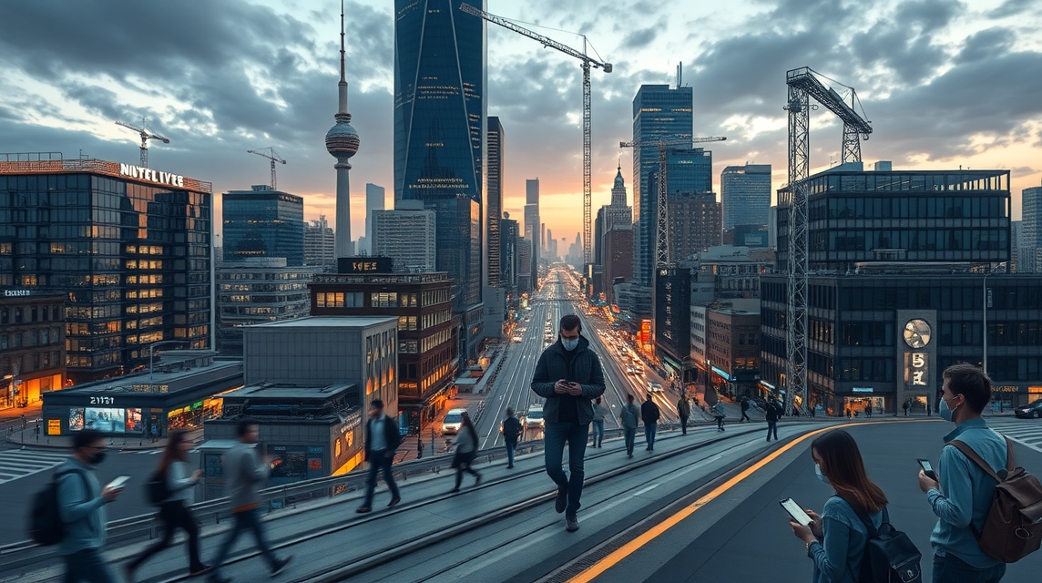 Mestská panoráma s modernými budovami a ľuďmi na ulici, západ slnka.