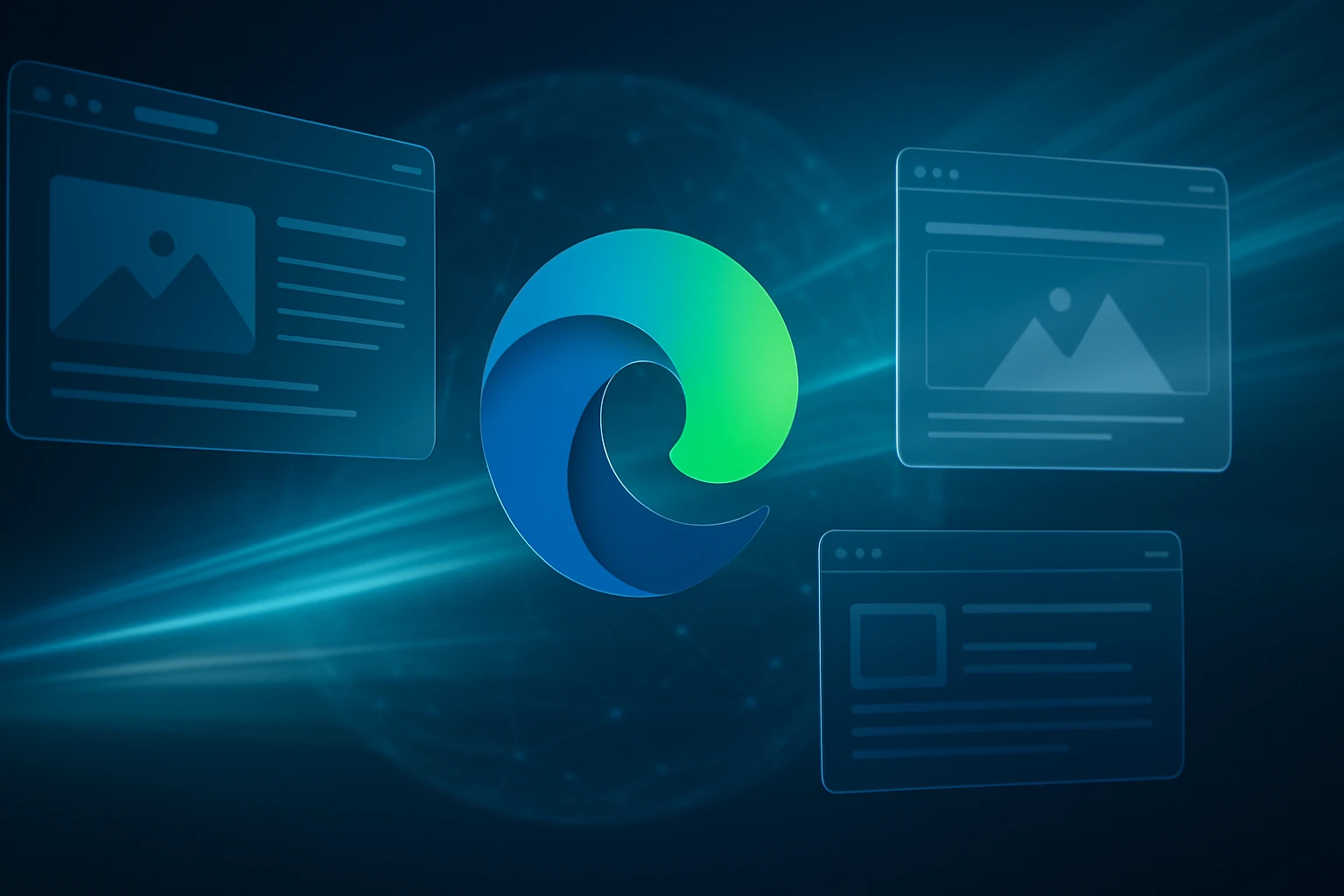 Logo prehliadača Microsoft Edge s digitálnym pozadím a webovými stránkami.