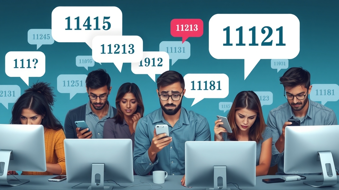 Skupina mladých ľudí pracuje na počítačoch a mobilných telefónoch, obklopená bublinami s číslami.