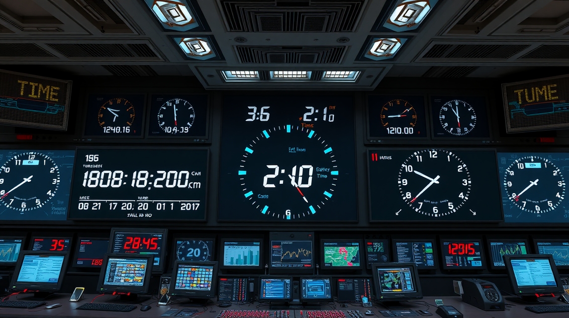 Interaktív vezérlőpult, több órával és kijelzővel, különböző adatokkal.