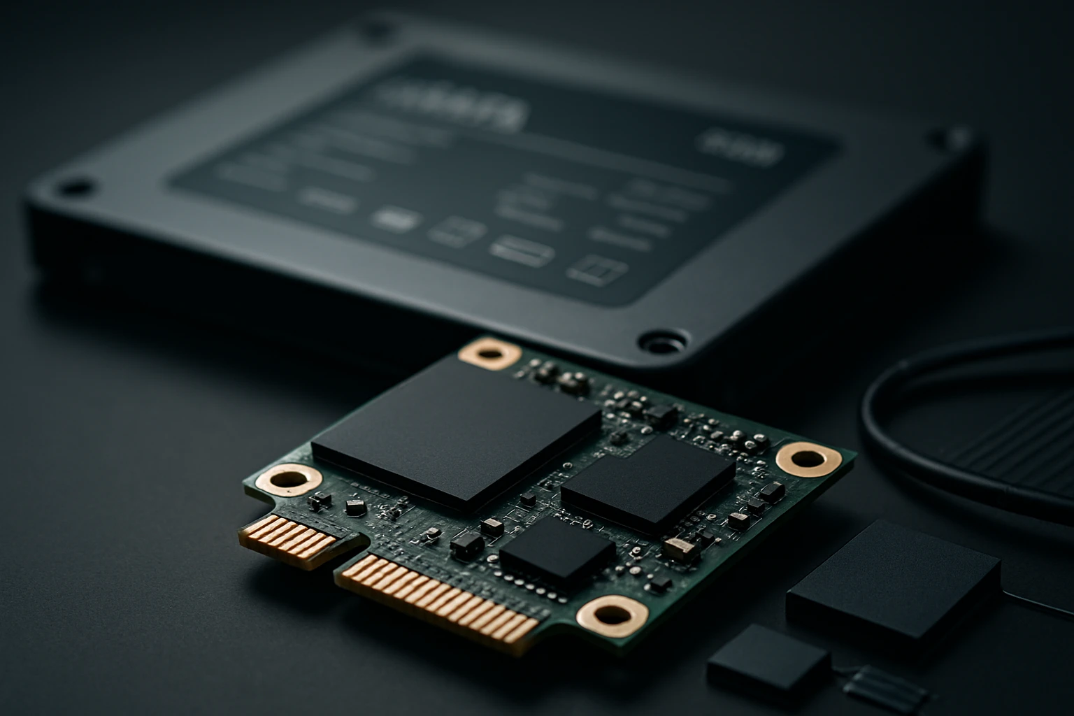 Detailný pohľad na elektronické komponenty vrátane čipu a SSD disku.