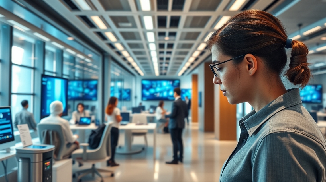 Žena s okuliarmi pracuje v modernom kancelárskom prostredí s technológiou.