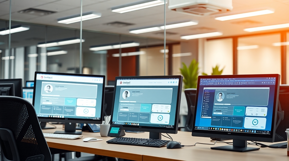 Tri počítače na stole v modernom kancelárskom prostredí s používateľskými rozhraniami.