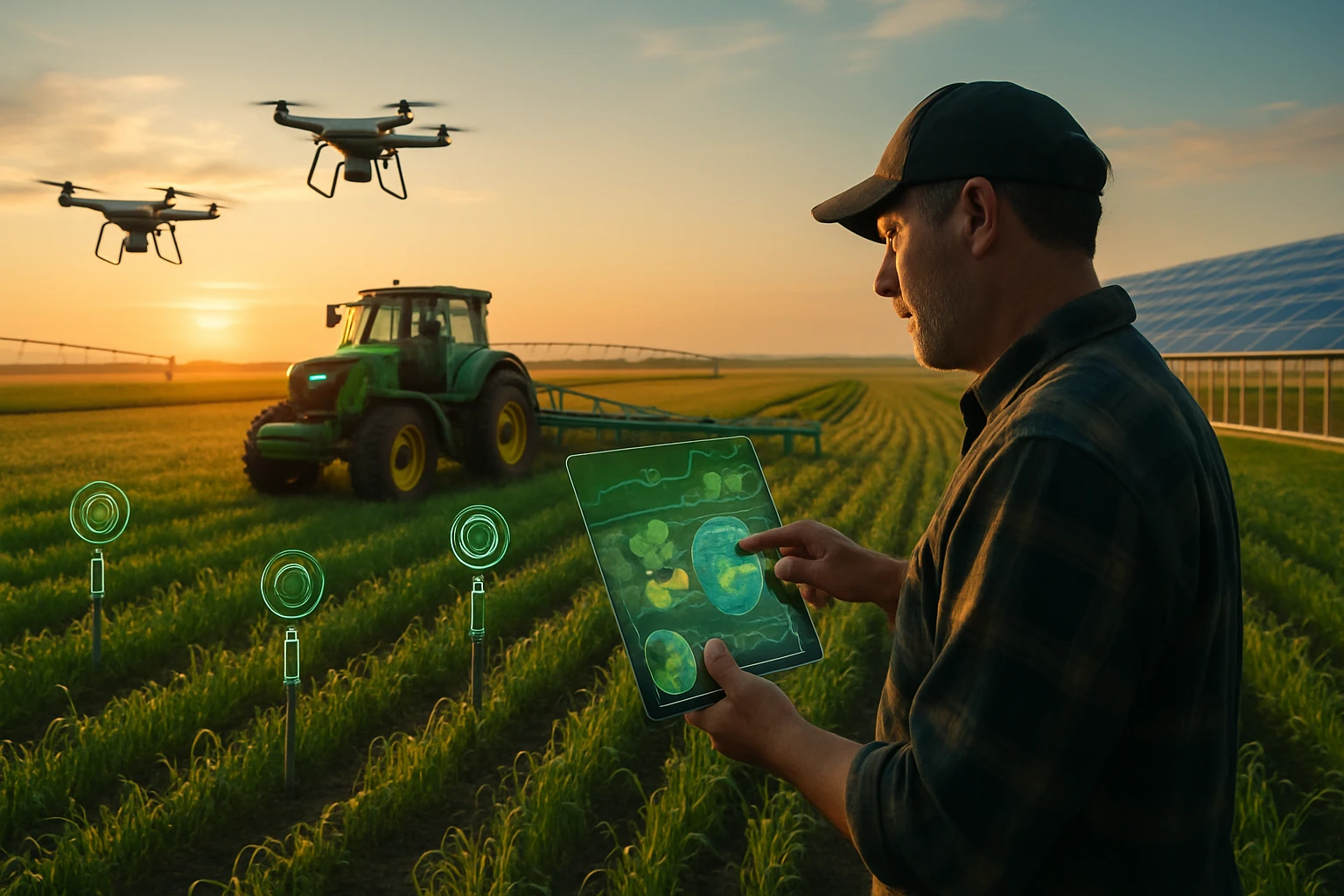 Farmár ovláda drony a tablet na modernom poli pri západe slnka.