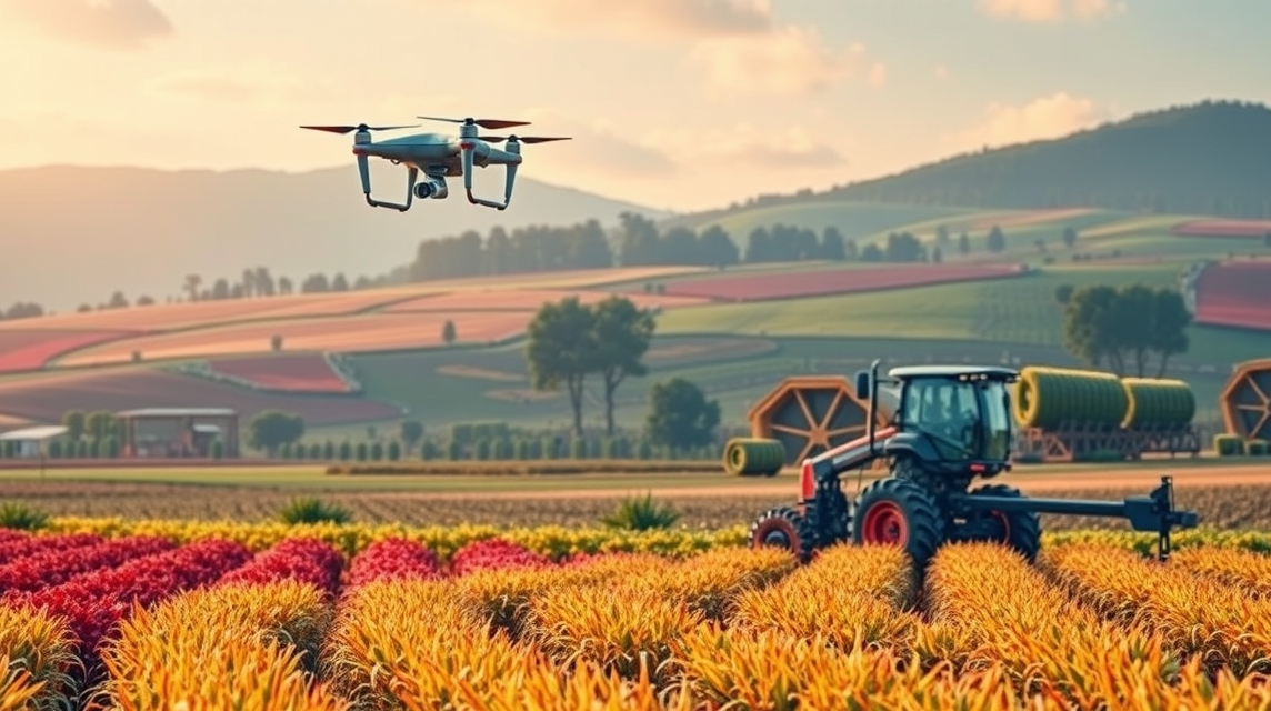 Dron nad farebnými poľami a traktorom v pozadí, ukazujúci moderné poľnohospodárstvo.