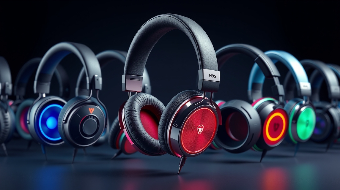 Rôzne slúchadlá s moderným dizajnom a farebným osvetlením.