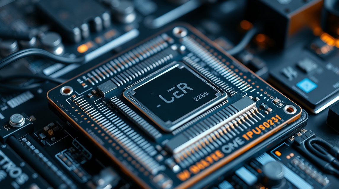 Detailný pohľad na čip na základnej doske s elektronickými komponentmi.