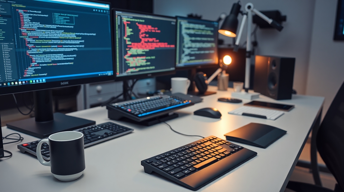 Pracovný stôl programátora s dvoma monitormi, klávesnicou a šálkou kávy.