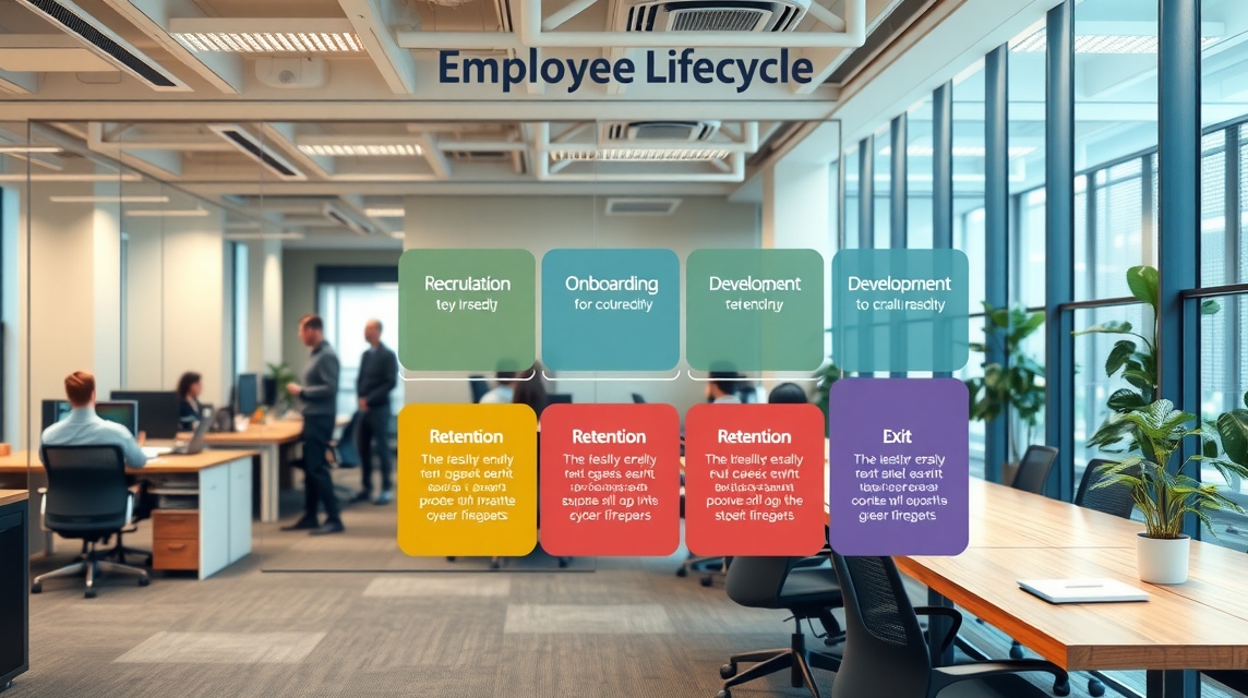 Kancelária, ahol a munkavállalói életciklus különböző szakaszait mutatják be.