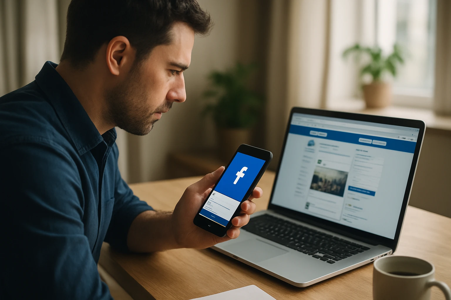Muž sedí pri stole, v ruke drží mobil s logom Facebook a pozerá na laptop.