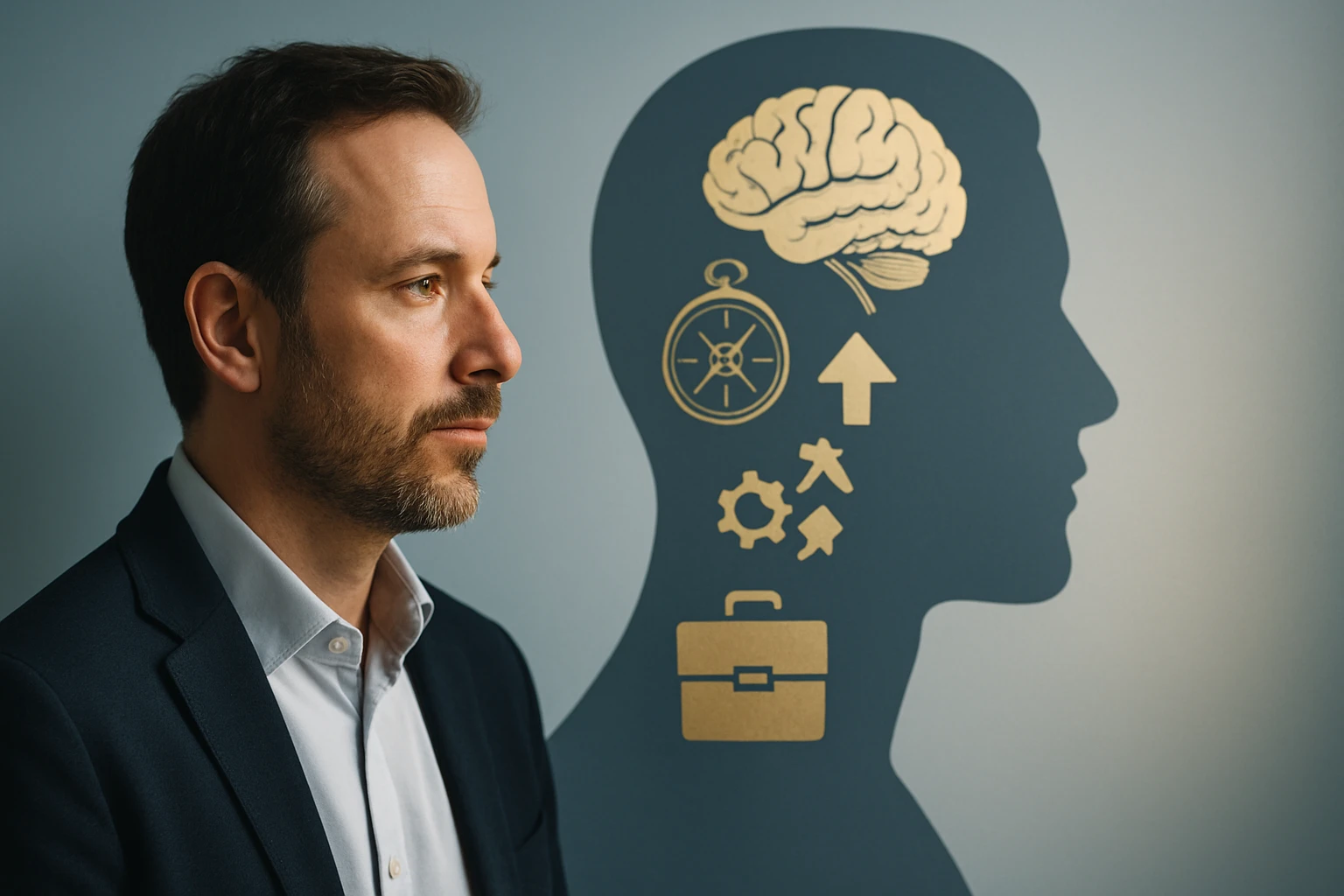 Muž s bradou a oblekom, vedľa neho silueta hlavy s ikonami myslenia.