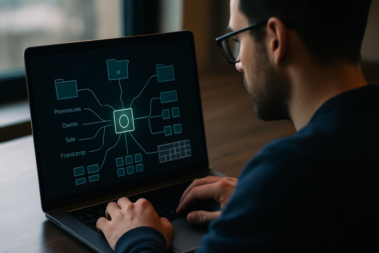 Muž pracuje na laptopu, zobrazuje myšlienkovú mapu s rôznymi témami.