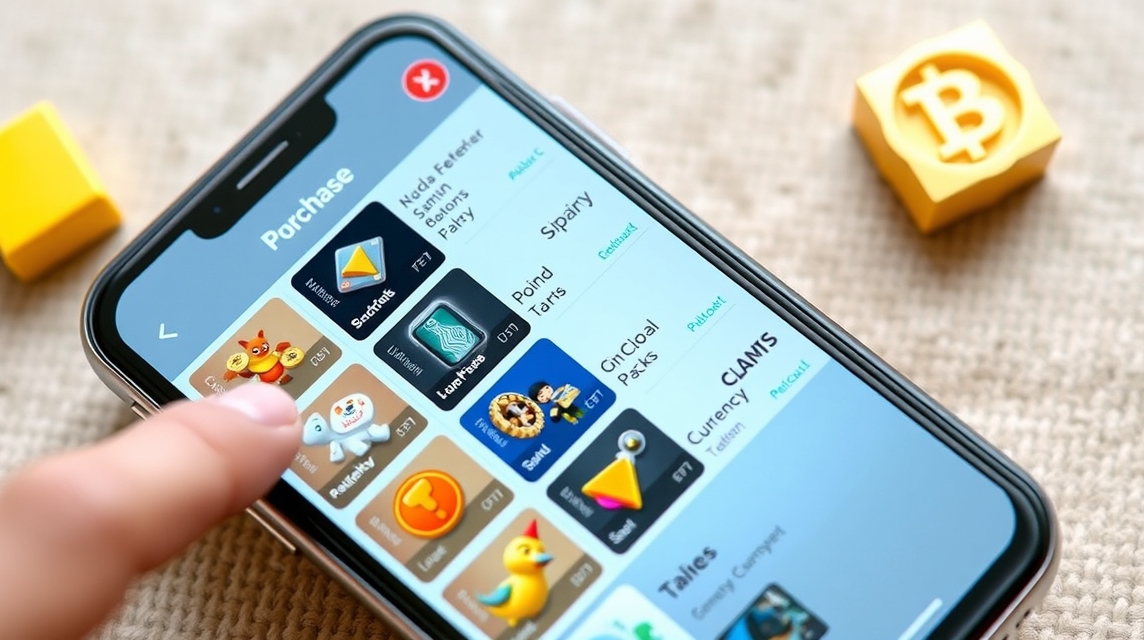 Mobilný telefón zobrazuje nákupné možnosti v hre s rôznymi ikonami a cenami.