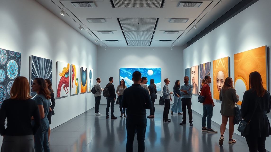 Skupina ľudí diskutuje o moderných obrazoch v galérii umenia.