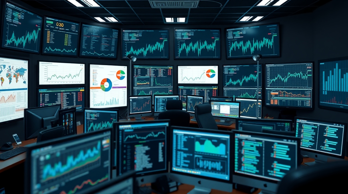 Moderné obchodné centrum s viacerými obrazovkami zobrazujúcimi grafy a analýzy.