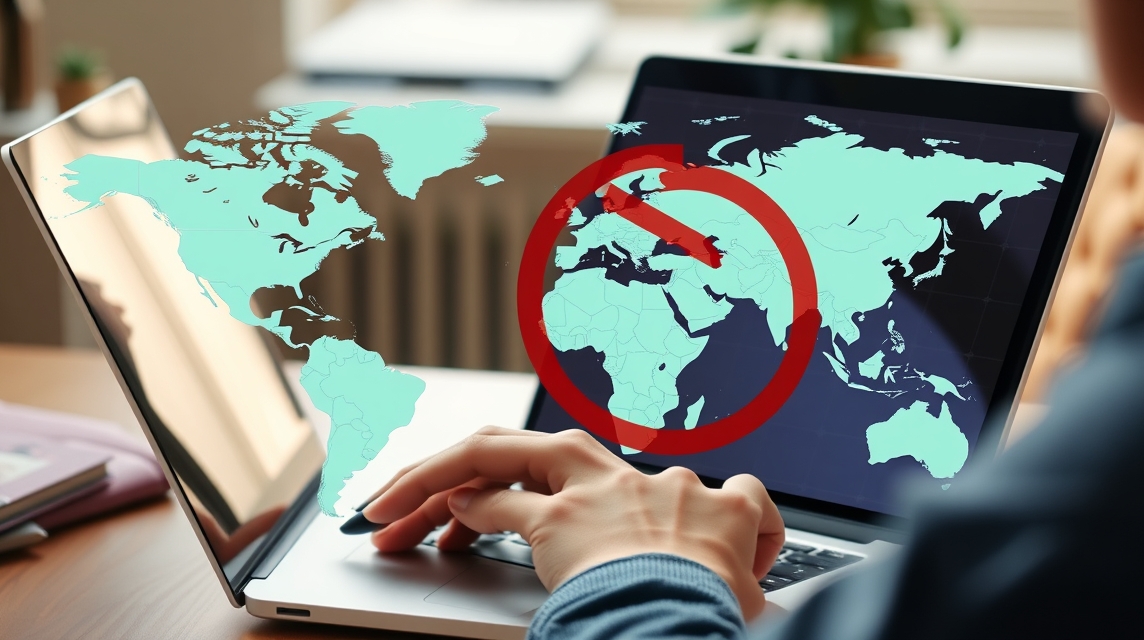 Osoba pracuje na laptopu, a na obrazovke je mapa sveta s vyznačenou oblasťou bez prístupu.