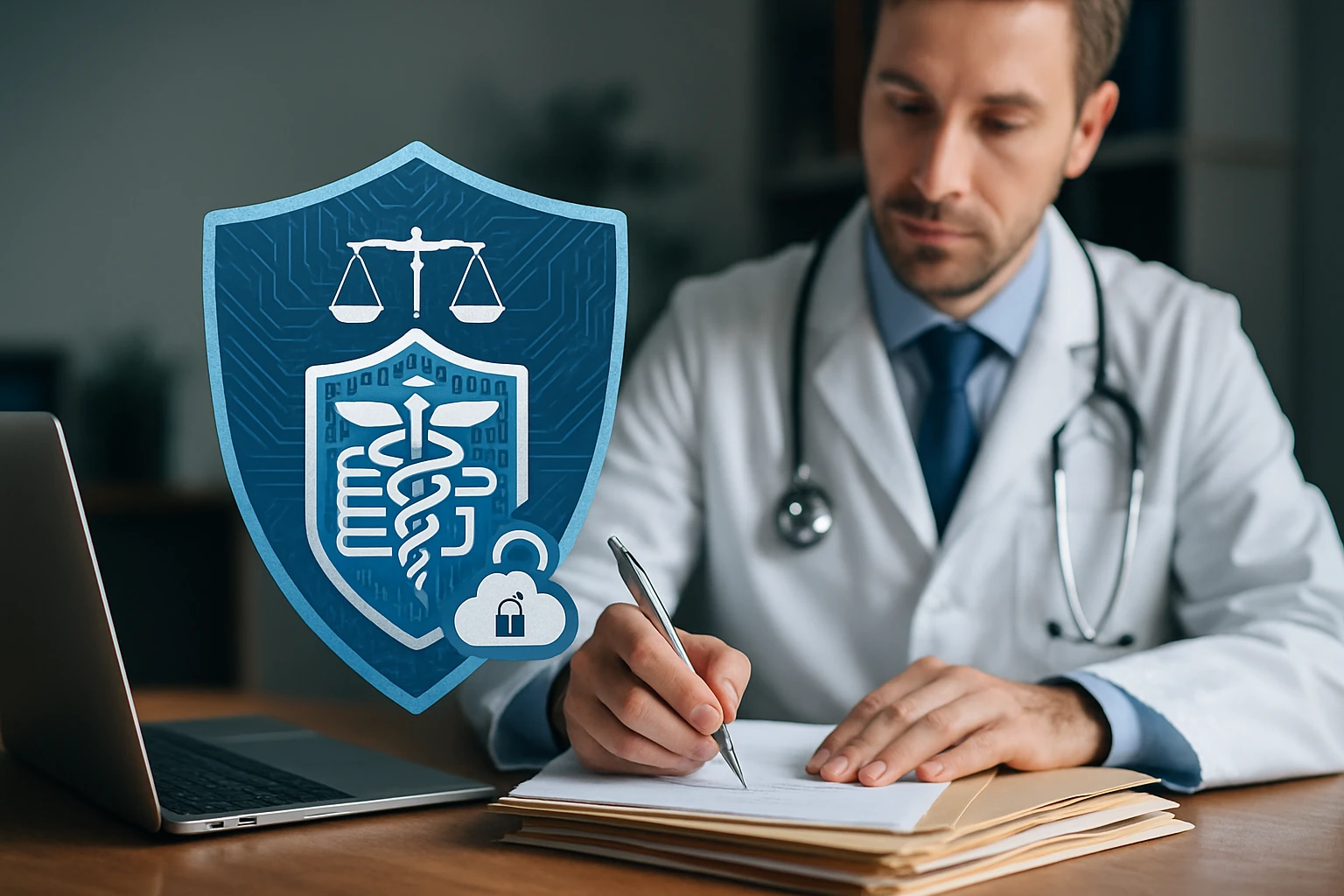 Lekár v bielom plášti píše poznámky pri počítači s symbolmi ochrany zdravia.