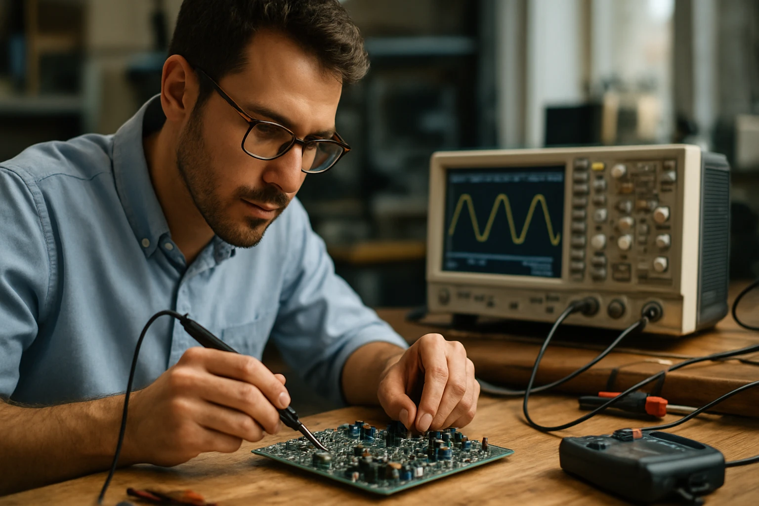 Muž pracuje na elektronickej doske s osciloskopom v pozadí.