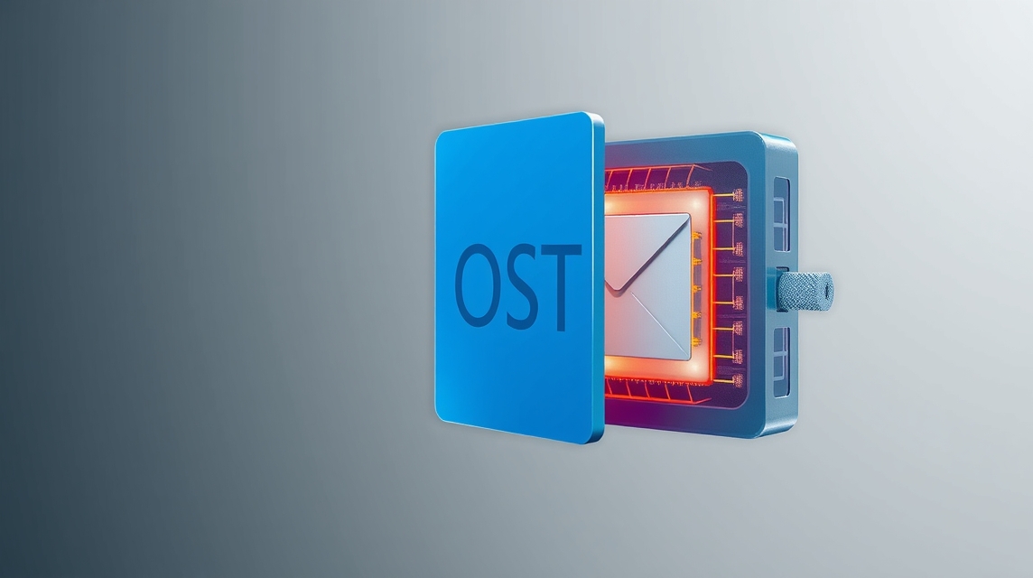 Moderne grafika zobrazuje modrý OST súbor s ikonou obálky.