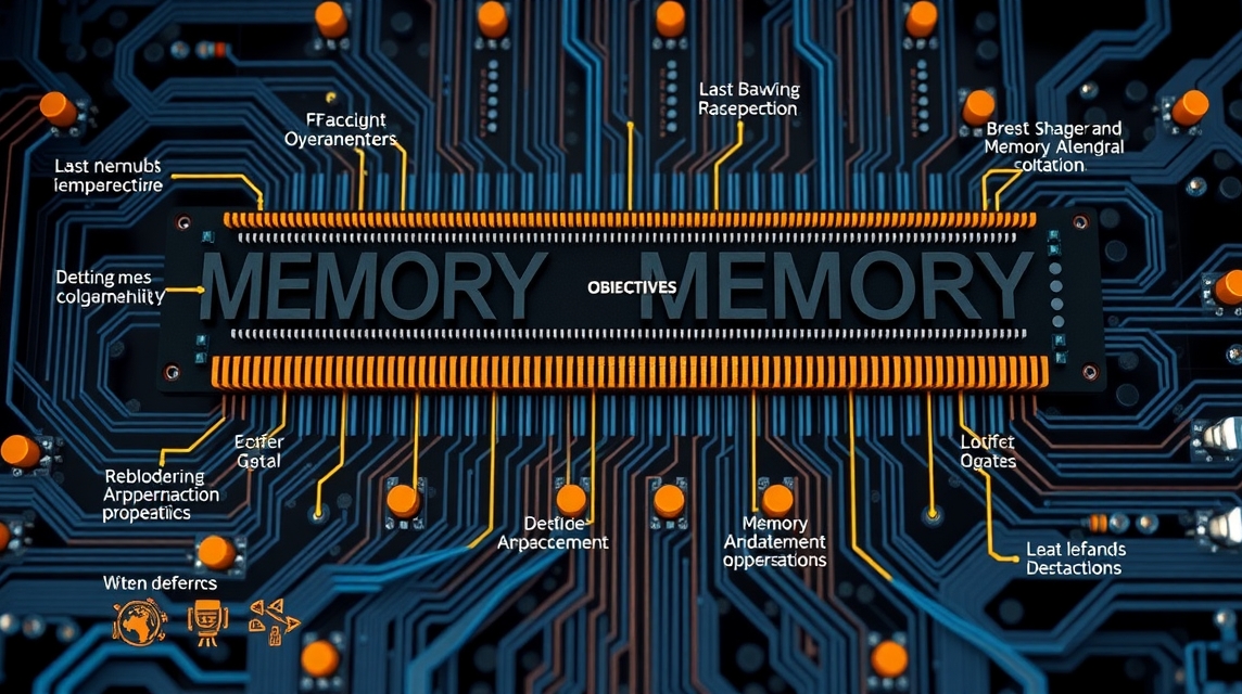 Detailný pohľad na pamäťový modul s elektronickými obvodmi a popismi.