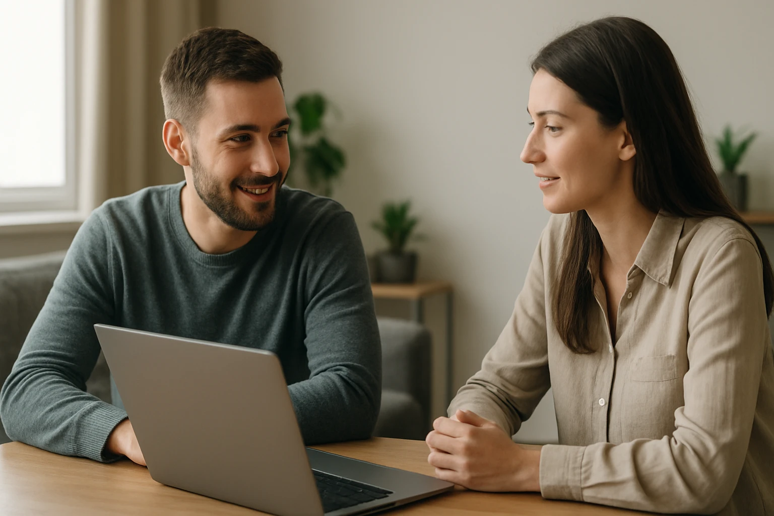 Mladý pár beszélget laptop előtt, barátságos légkörben.