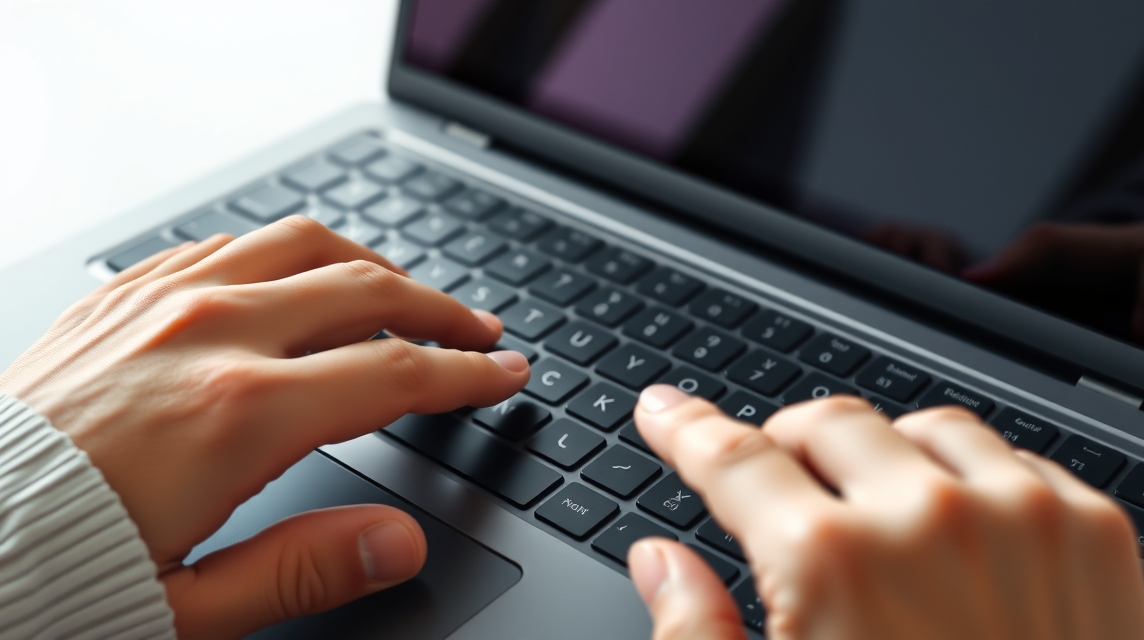 Ruka písaná na klávesnici laptopu s rozmazaným pozadím.