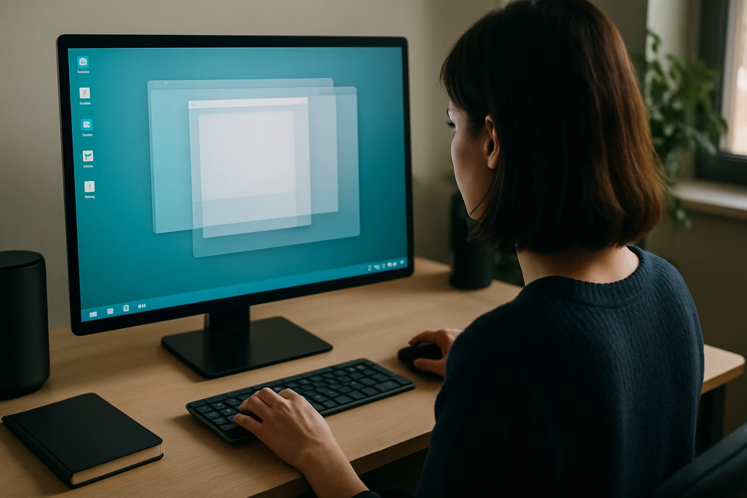 Žena sedí pri počítači a pracuje na úlohách s otvorenými oknami na obrazovke.