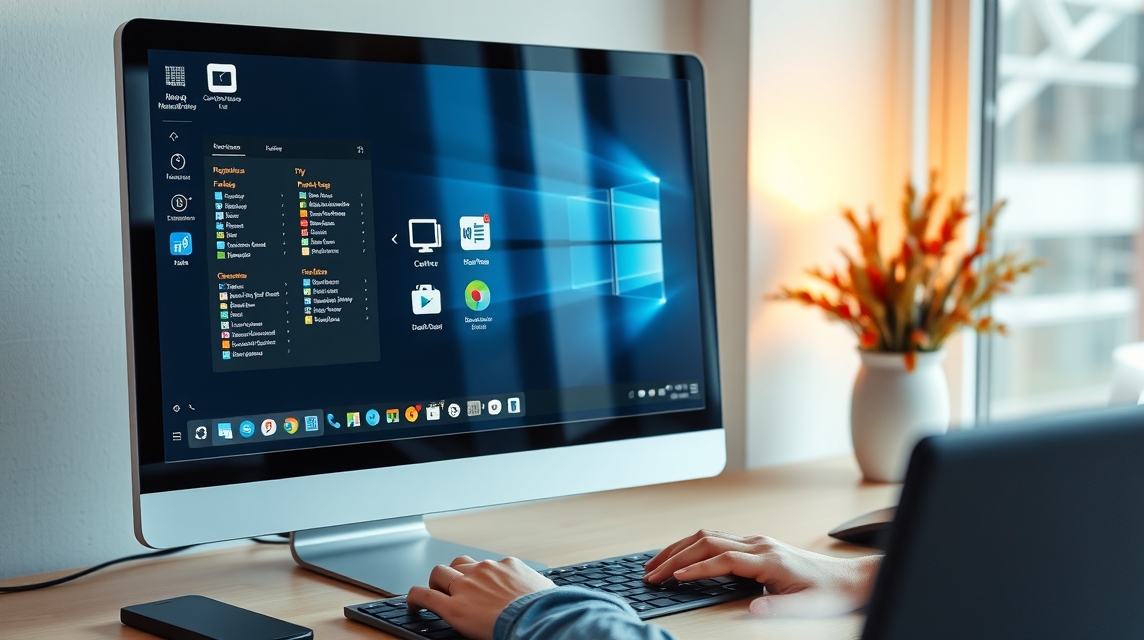 Osoba pracuje na počítači s Windows operáciou, na stole sú aj ďalšie zariadenia.