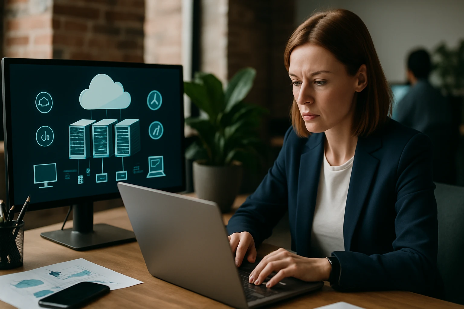 Žena v obleku pracuje na laptopu, pred ňou je monitor s cloudovými servermi.
