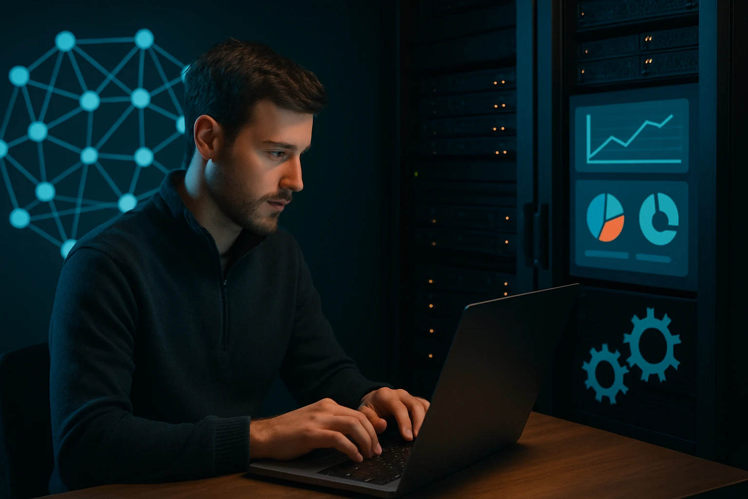 Mladý muž pracuje na laptopu v serverovni, grafy a diagramy na obrazovke.