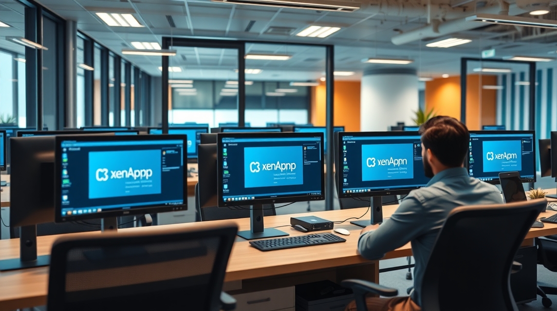 Muž sedí pri stole pred počítačmi s logom xenApp v modernom kancelárskom prostredí.