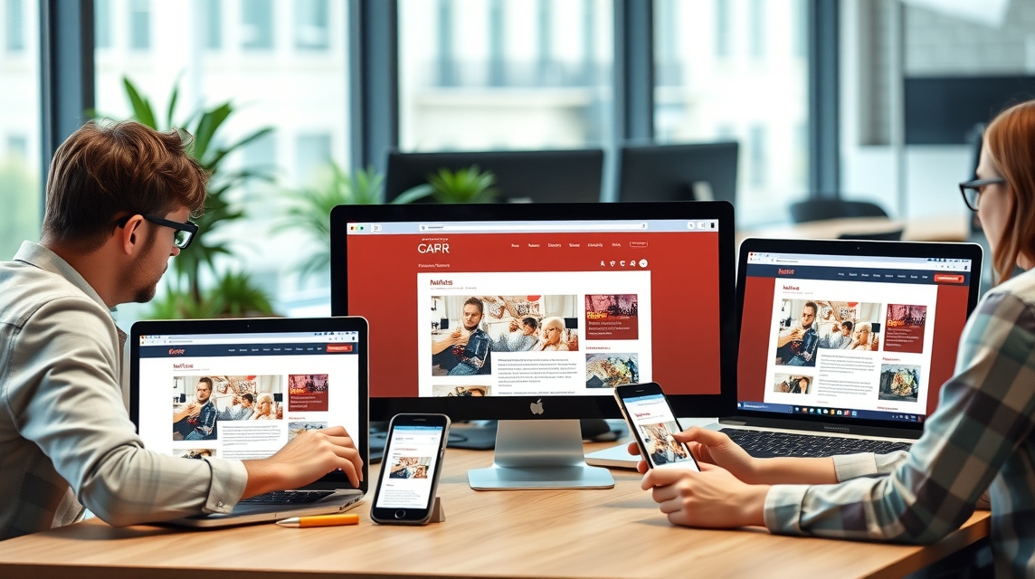 Dva pracovníci v kancelárii používajú rôzne zariadenia na prezeranie webových stránok.