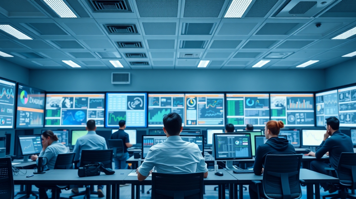 Skupina odborníkov pracuje v modernom dátovom centre s viacerými obrazovkami.