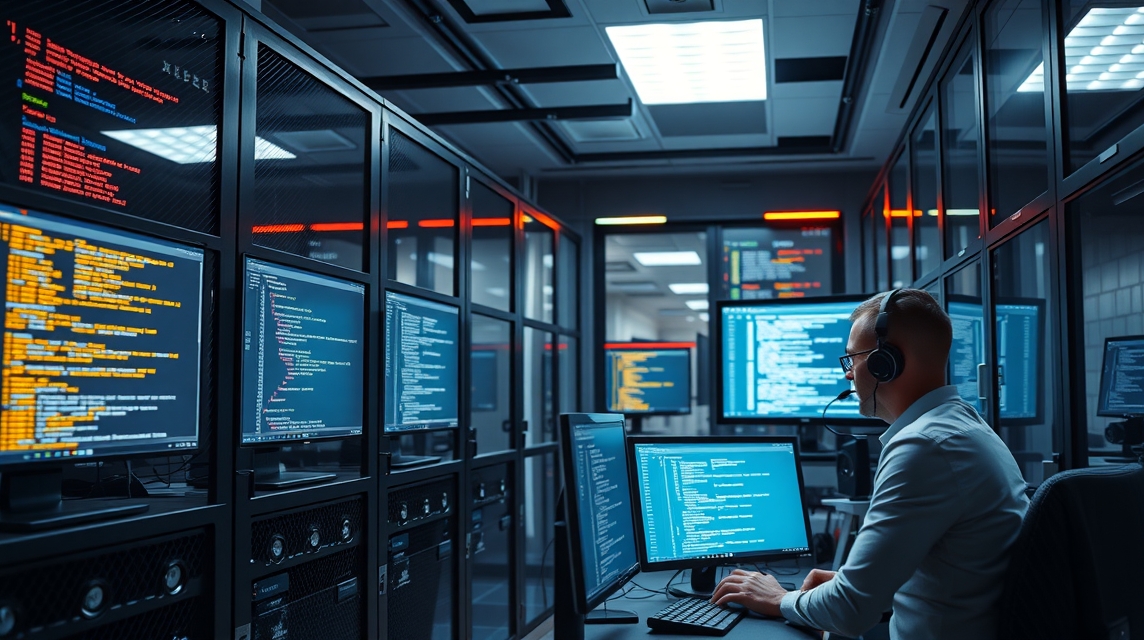 Muž pracujúci v modernom dátovom centre s viacerými obrazovkami a kódovaním.