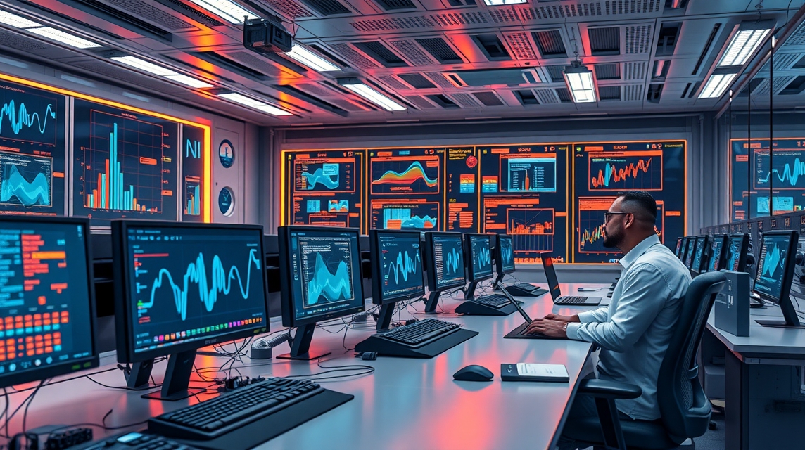 Muž pracuje v modernom dátovom centre s viacerými obrazovkami a grafmi.
