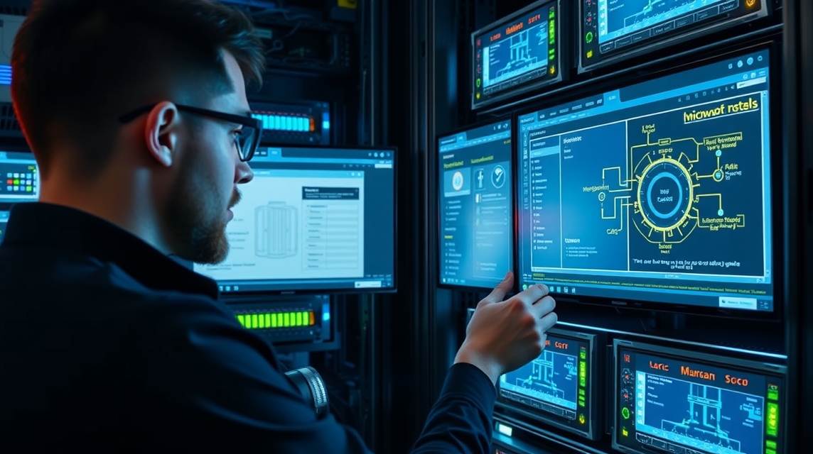 Muž pracuje s viacerými obrazovkami v dátovom centre, monitoruje systémy.