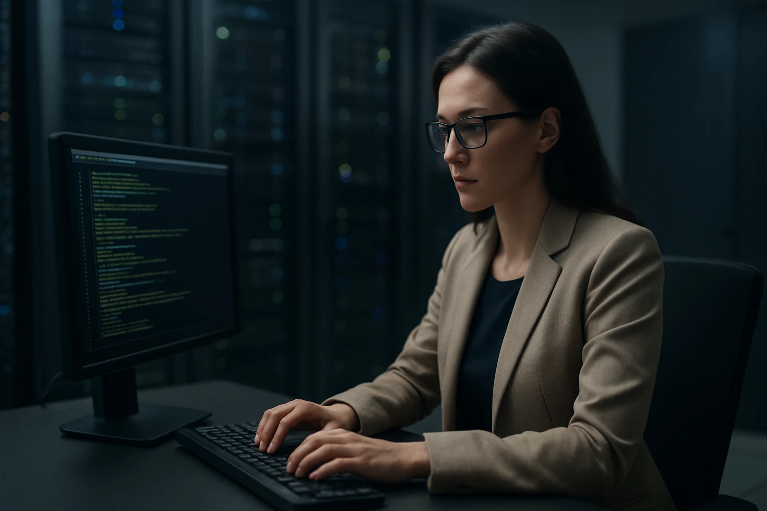 Žena v obleku pracuje na počítači v serverovni s kódom na obrazovke.