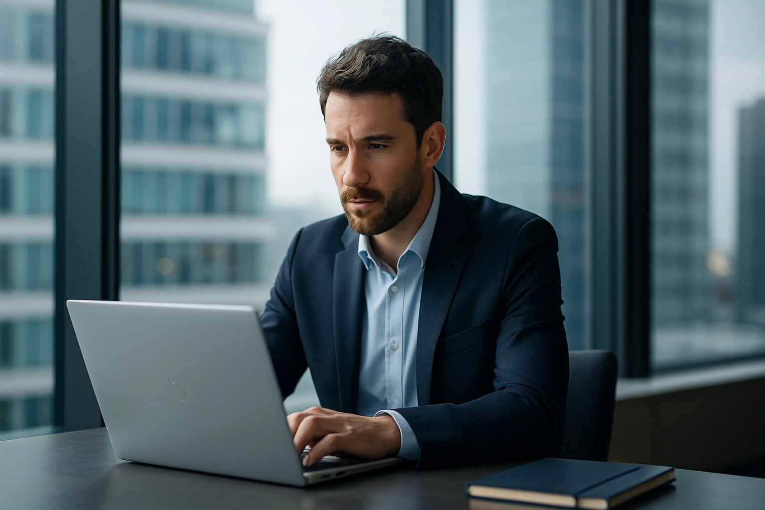 Muž v obleku pracuje na laptopu v modernom kancelárskom prostredí.