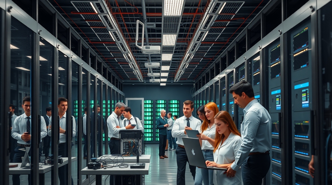 Skupina profesionálov pracuje egy modern adatközpontban, számítógépekkel és szerverekkel.