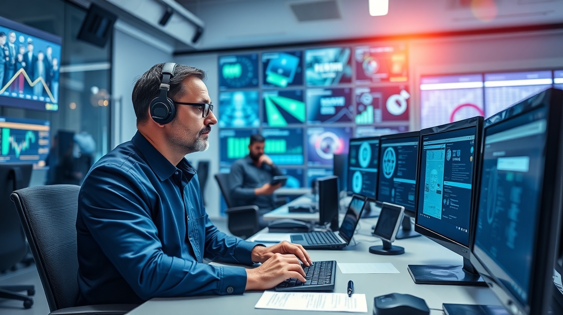 Muž v slúchadlách pracuje na počítači v modernom kancelárskom prostredí s viacerými obrazovkami.