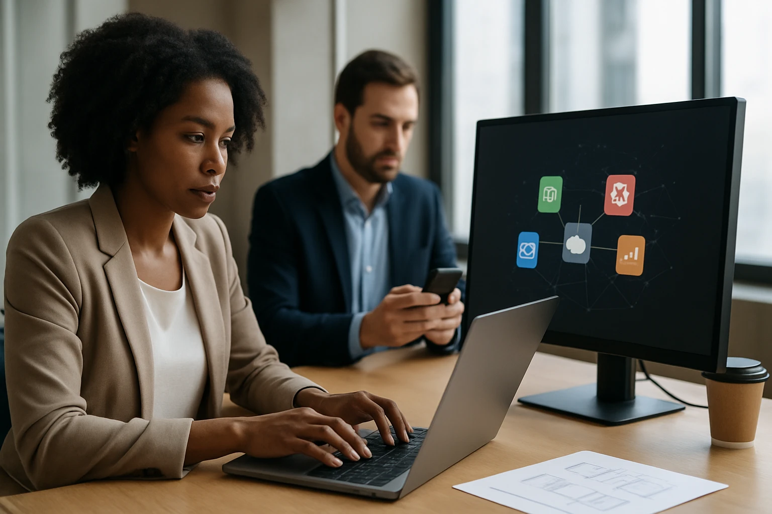 Žena s afro účesom pracuje na laptopu, muž telefonuje háttérben.