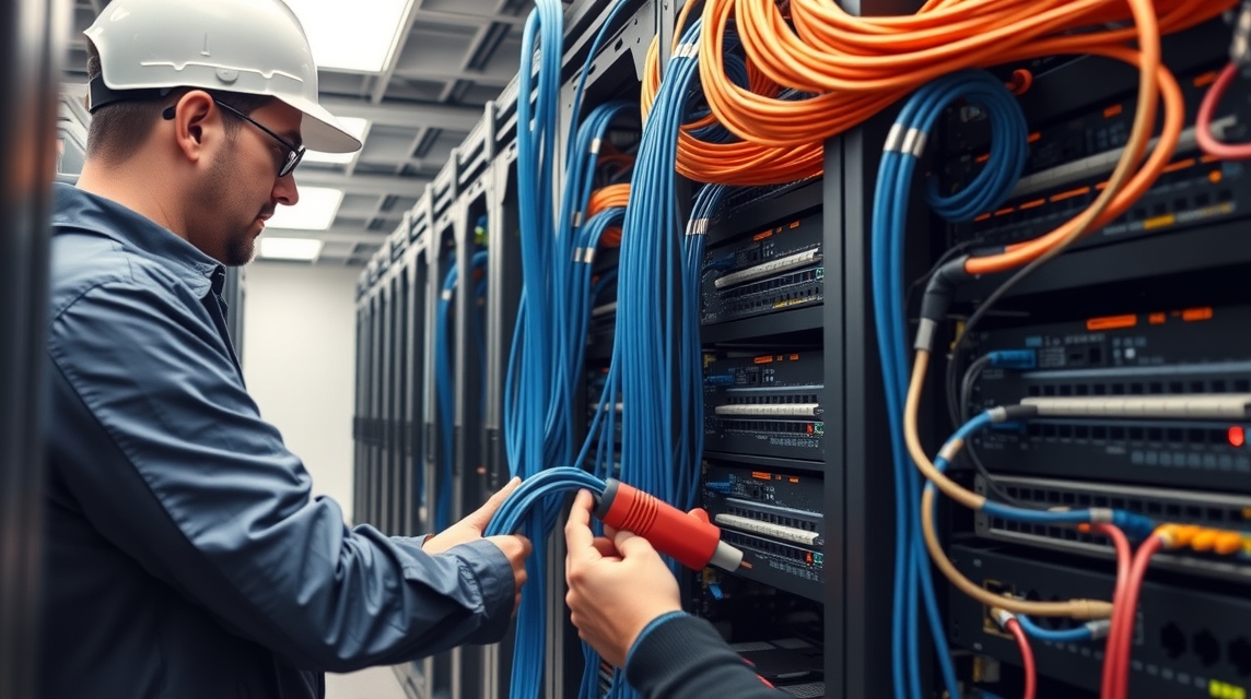 Technik v prilbe a okuliaroch zapája káble v serverovni s množstvom káblov.