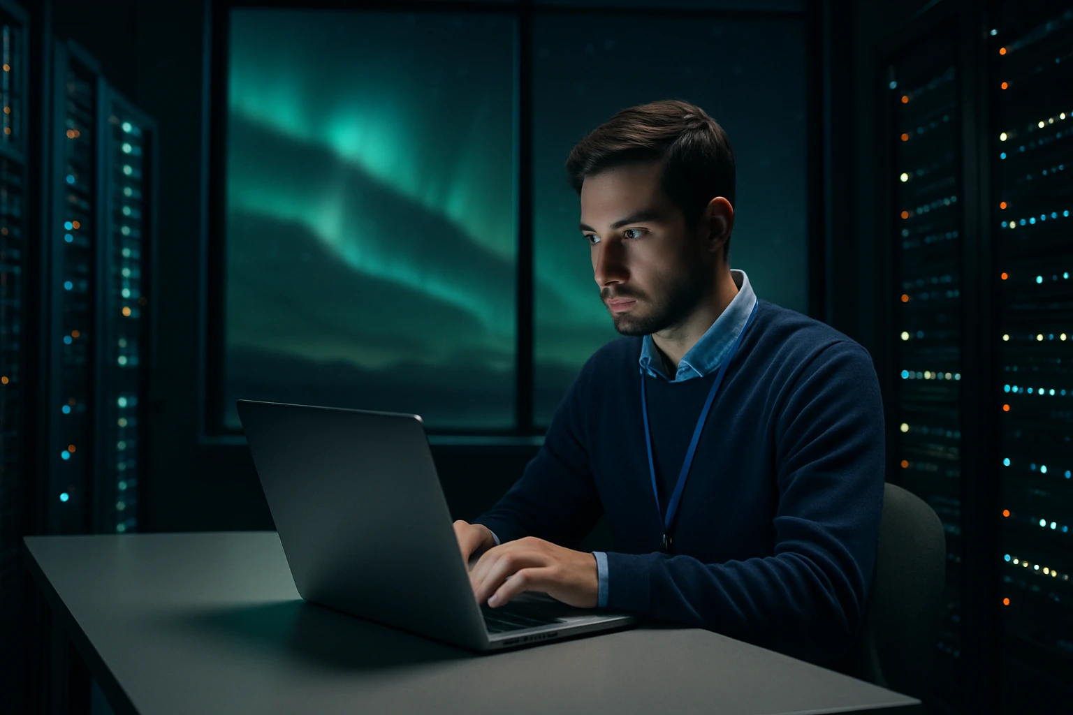 Muž pracuje na laptopu v serverovně s aurorou na pozadí.