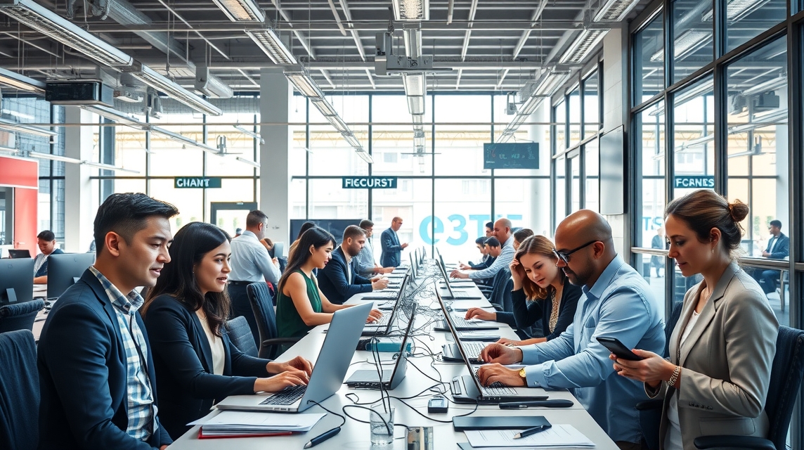 Moderná kancelária s pracovníkmi, ktorí pracujú na počítačoch a diskutujú.